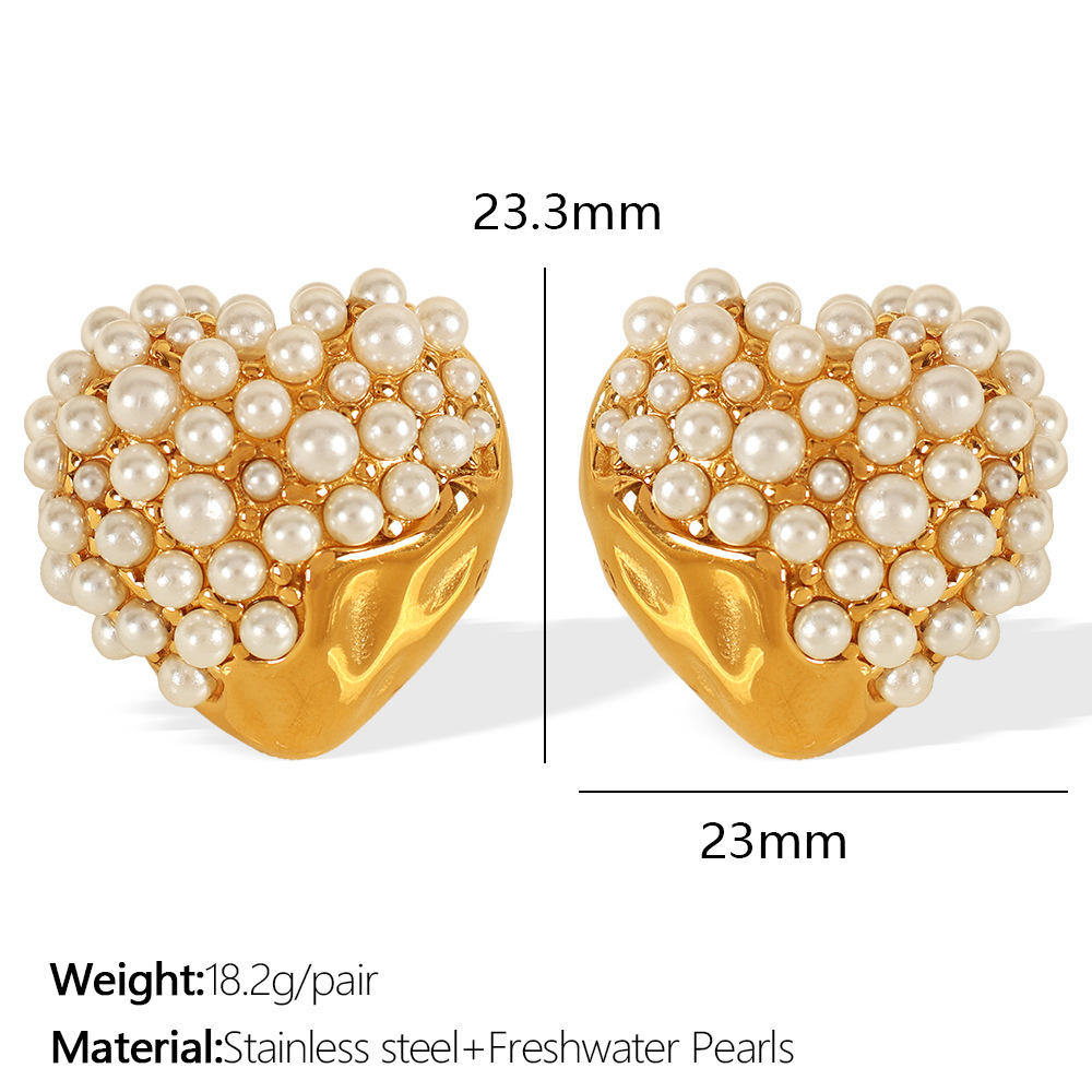 Gold color / 1 Pair Luxurious Series Elegant Heart Stainless Steel  Gold Color Plated Artificial Pearl Women's Stud Earrings Picture2